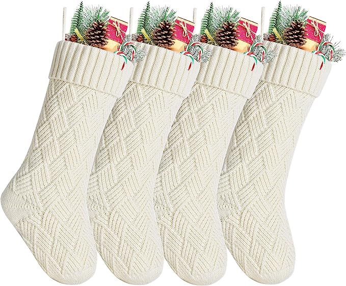 Kunyida Pack 4,18" Unique Ivory Cream Knit Christmas Stockings for Holiday Decor | Amazon (US)