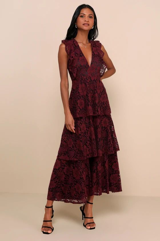 Molinetto Burgundy Lace Ruffled Tiered Sleeveless Maxi Dress | Lulus