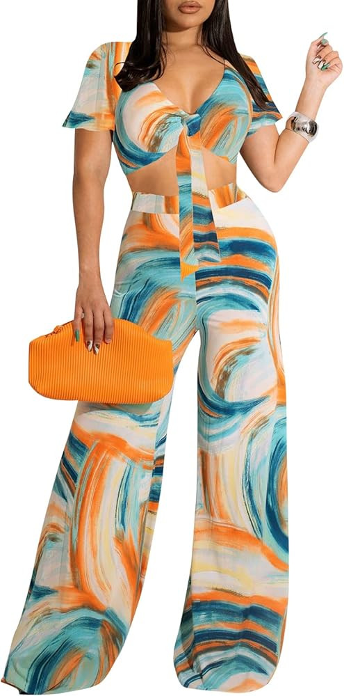 YouSexy Women's 2 Piece Wide Leg Pants Outfit Orange Pants Outfit Ideas Blue Pants Outfit Inspo | Amazon (US)