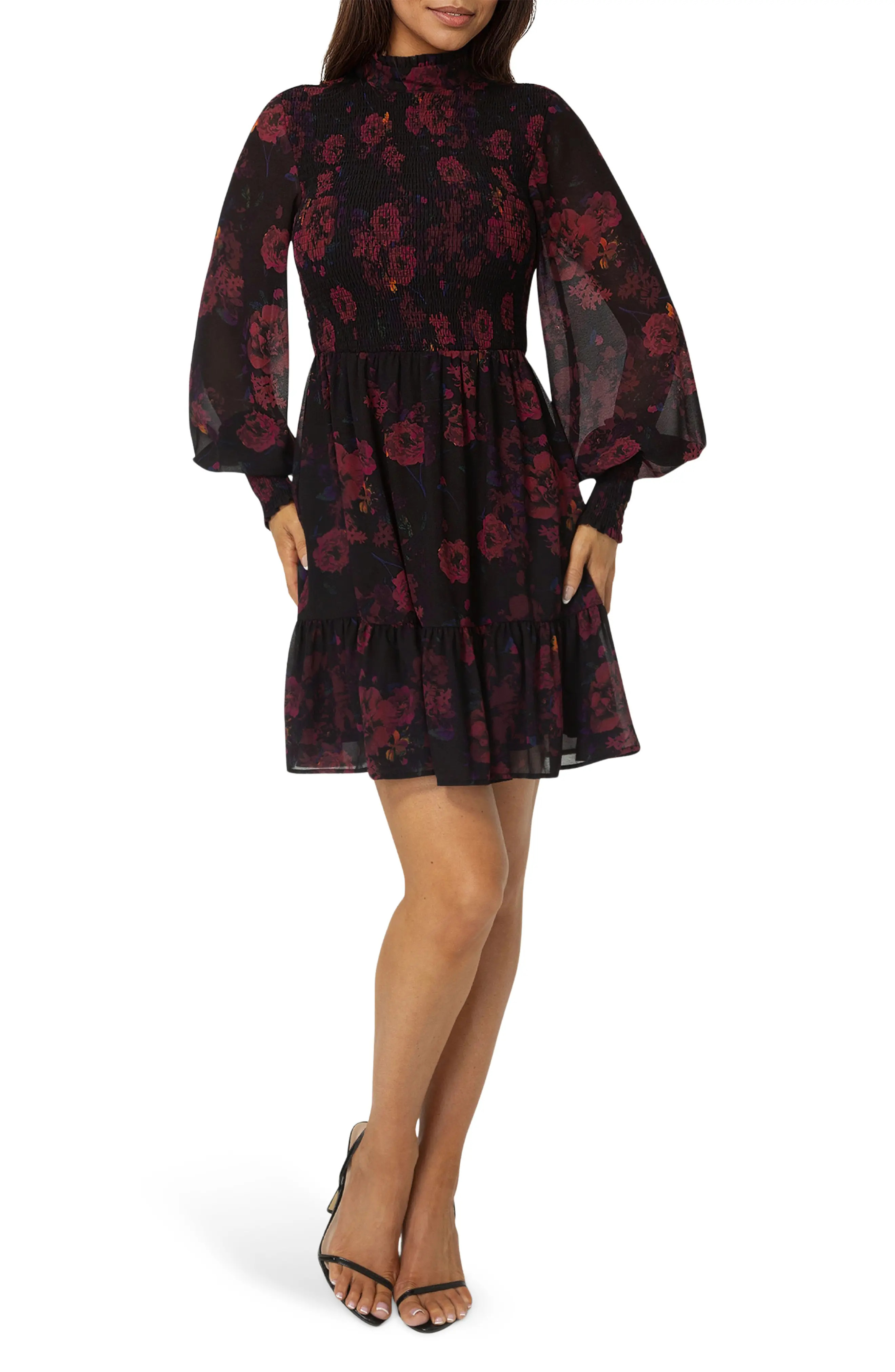 bebe Floral Smocked Long Sleeve Chiffon Minidress in Dark Red at Nordstrom Rack, Size X-Large | Nordstrom Rack