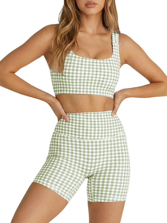 Womens Workout Gingham 2 Piece Outfits Padded Crop Tank Sports Shorts Sets | Padded, Open Back Cr... | Amazon (US)