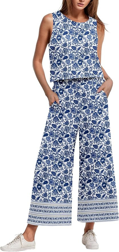 IWOLLENCE Women's Summer 2 Piece Outfits Set Round neck Sleeveless Tank Crop Top Wide Leg pants S... | Amazon (US)