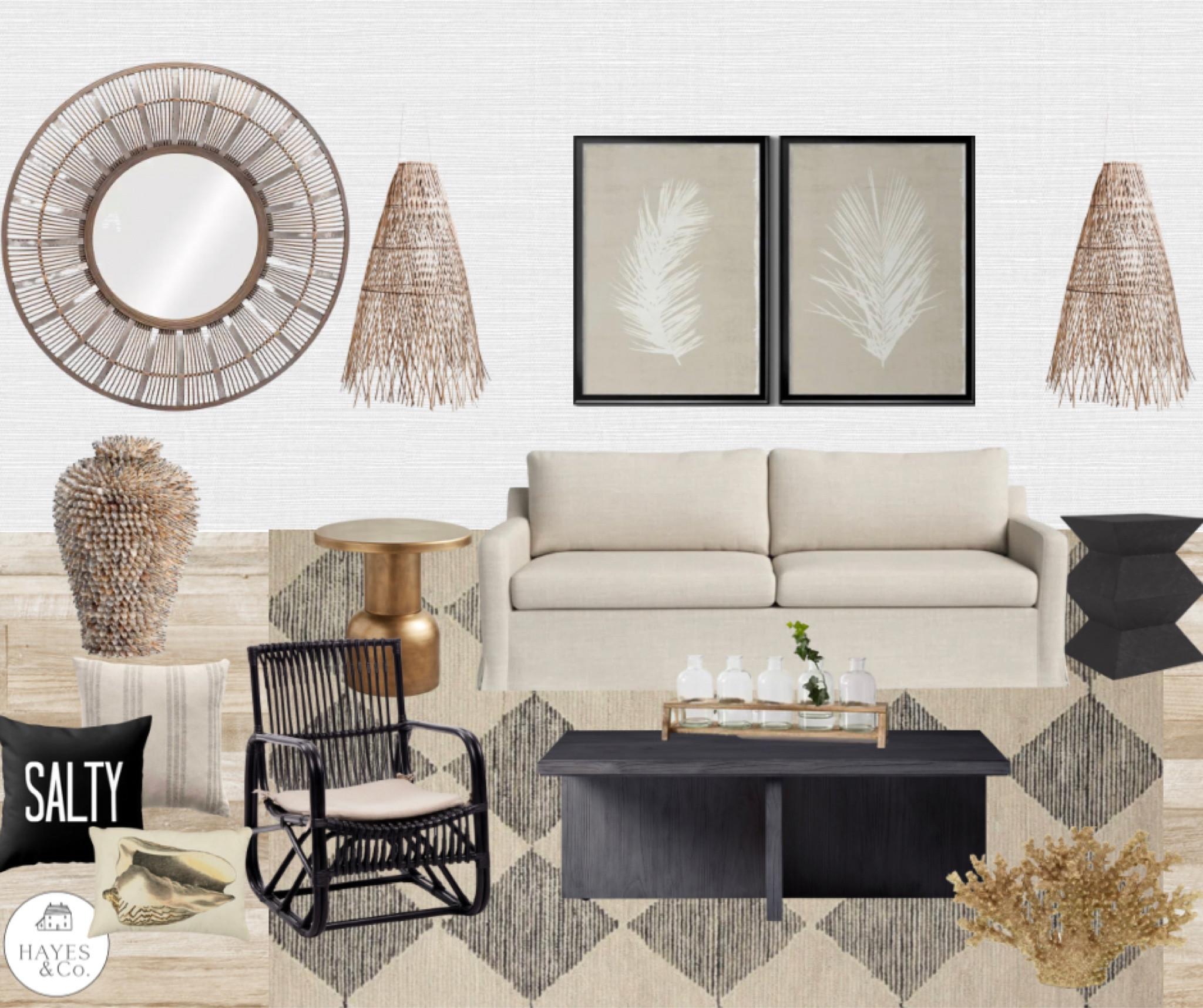 Contemporary beach house decor inspiration
Love the mix of neutrals, blacks and natural textures here, with the brass and more modern accents !
