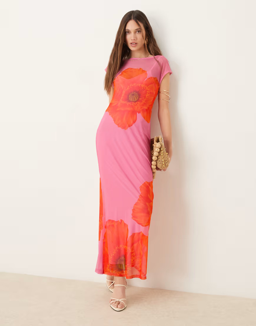 Never Fully Dressed sleeveless poppy print mesh maxi dress in pink and orange | ASOS (Global)