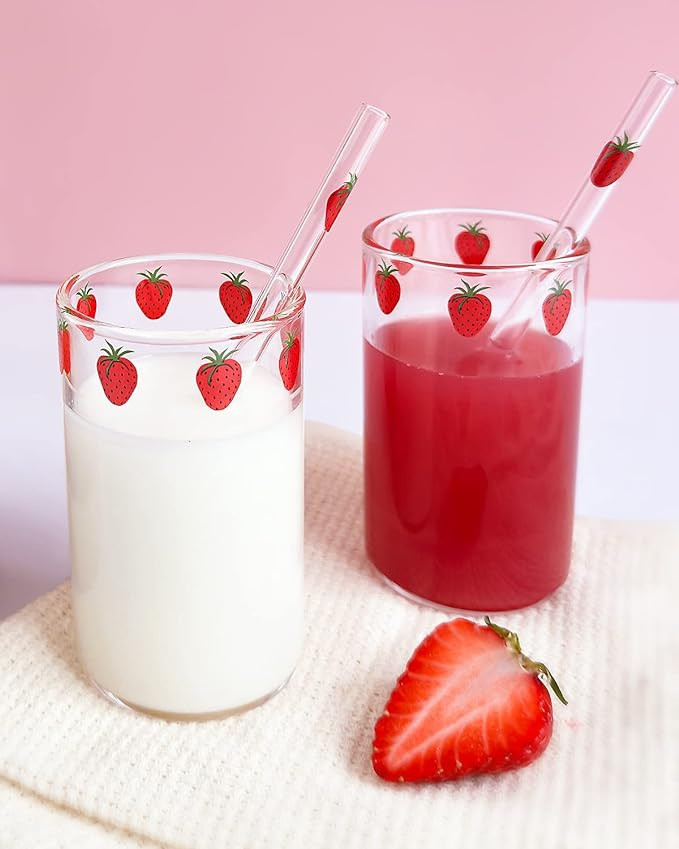 strawberry cups 2 Sets Cute glass strawberry cups 300ML straw glass cups, Cute strawberrys patter... | Amazon (US)