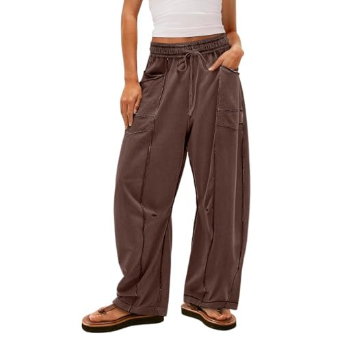 Barrel Sweatpants Women High Waisted Wide Leg Pants Drawstring Athletic Baggy Lounge Palazzo Trousers with Pockets Brown Large | Amazon (US)