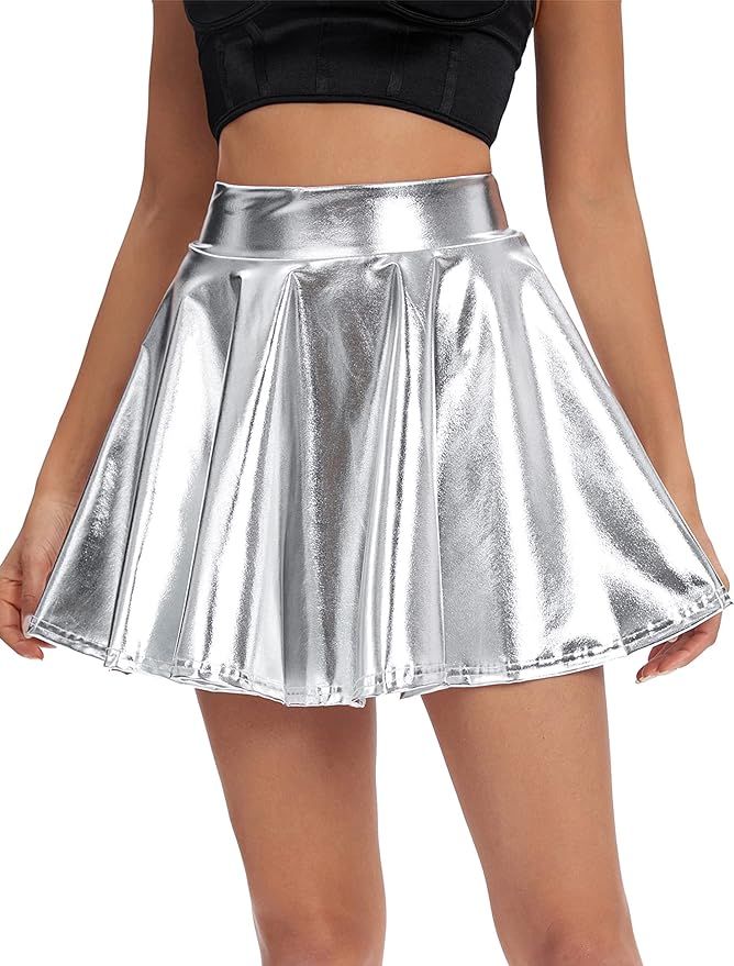 Urban CoCo Women's Metallic High Waist Shiny Flared Pleated Mini Costume Skater Skirt | Amazon (US)