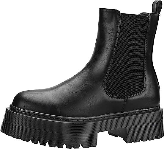 Amazon.com | READYSALTED Women's Chunky Low Heel Platform Chelsea Slip On Ankle Boots In Black(KE... | Amazon (US)