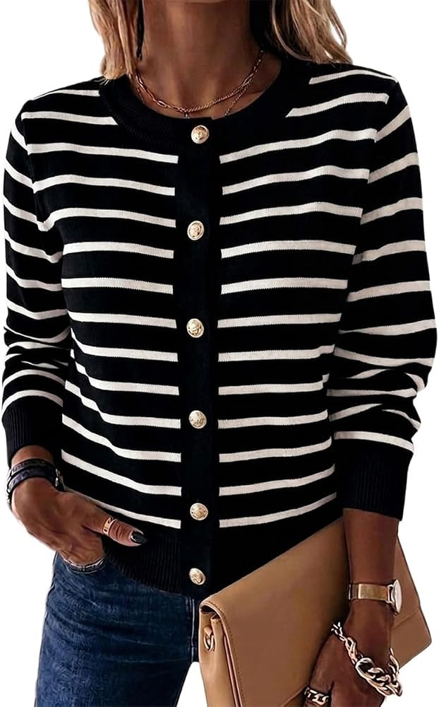 CHICME Women Striped Knit Cardigan Crewneck Button Down Sweater | Amazon (US)