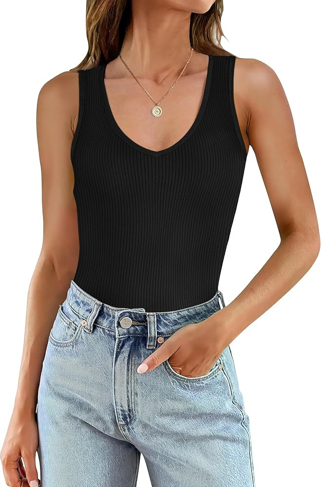 WIHOLL Womens Ribbed Tank Tops 2024 Summer V Neck Slim Fitted Tops Casual Basic Knit Sleeveless S... | Amazon (US)