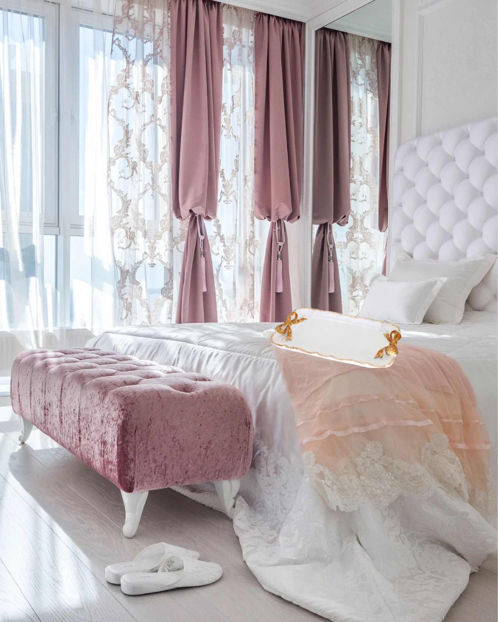 Chic glam bedroom, girly bedroom decor, church bedroom decor, feminine bedroom decor, white headboard, white & gold tray, gorge bedroom curtains, chic bedroom decor 

#LTKHome #LTKKids