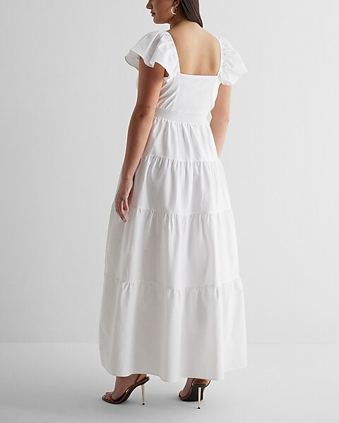 V-Neck Flutter Sleeve Tiered Poplin Maxi Dress | Express