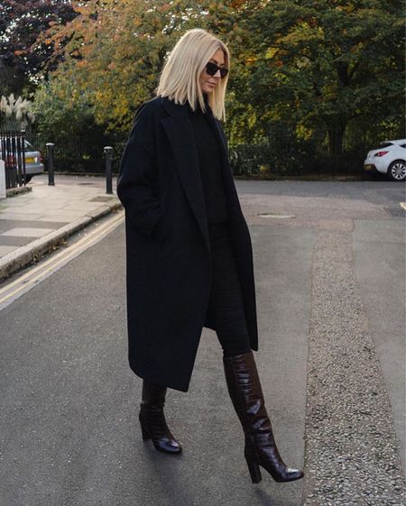 Winter outfit inspo - Long black coat, tall brown leather boots, black leather leggings  

#LTKshoecrush #LTKSeasonal #LTKstyletip