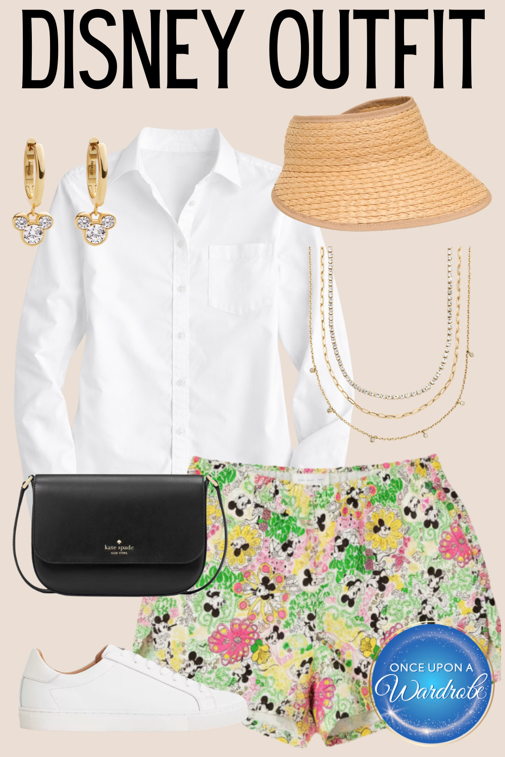 Classic style meets Disney charm with this polished park outfit. A crisp white button-down paired with these playful Mickey floral shorts creates an elevated Disney look that still feels comfortable for a full park day. I styled it with layered gold jewelry, a straw visor, classic white sneakers, and a timeless Kate Spade crossbody for a refined Disney outfit that feels effortless and put-together. Perfect for a Magic Kingdom day, EPCOT stroll, or brunch at a Disney resort. Shop the full outfit details here. 

 #LTKmomlife #LTKOver40 #LTKTravel