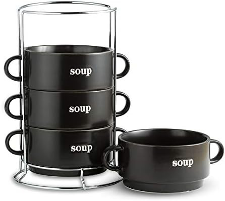 LAUCHUH Porcelain Soup Mugs Soup Bowl Set with Handles 27 Oz，Oven Safe Soup Bowls with Serving Stand | Amazon (US)