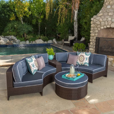 Madras Zanzibar 6pc Wicker 1/2 Round Seating Set with Ottoman - Brown/Navy - Christopher Knight H... | Target