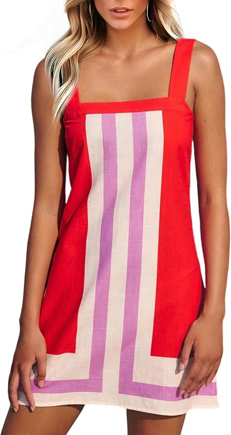 Ailoqing 2026 Women Boho Floral Mini Dress Summer Casual Color Block Beach Overall Striped Dress ... | Amazon (US)