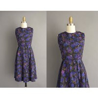 Vintage 1960S Dress | Purple Floral Print Pleated Full Skirt Cotton Dress Small | Etsy (US)