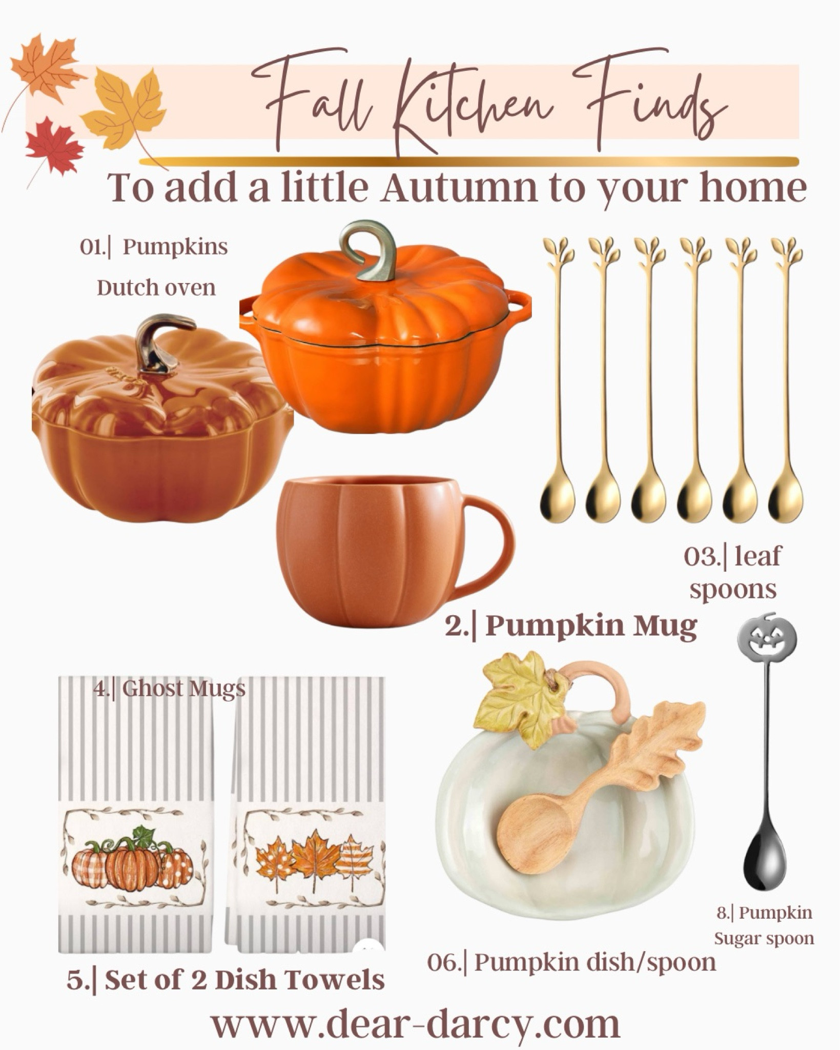 Fall Finds for your kitchen

Pumpkin dutch oven  $35-65

Sweet pumpkin mugs 

Fall leave sir spoon set $10

Kitchen dish towel 2 piece 

Pumpkin dish & spoon, so cute for serving,  jack-o’-lantern sugar spoon 



#LTKFindsUnder50 #LTKHome #LTKSaleAlert