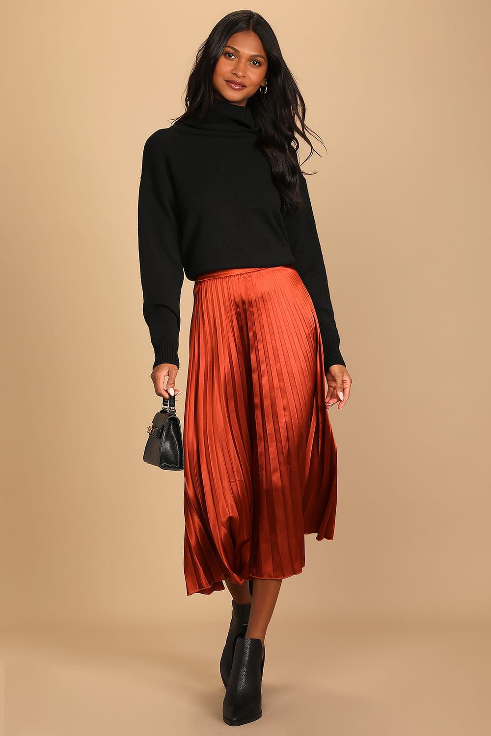 Fashionable Babe Rust Brown Satin Pleated Midi Skirt | Lulus (US)