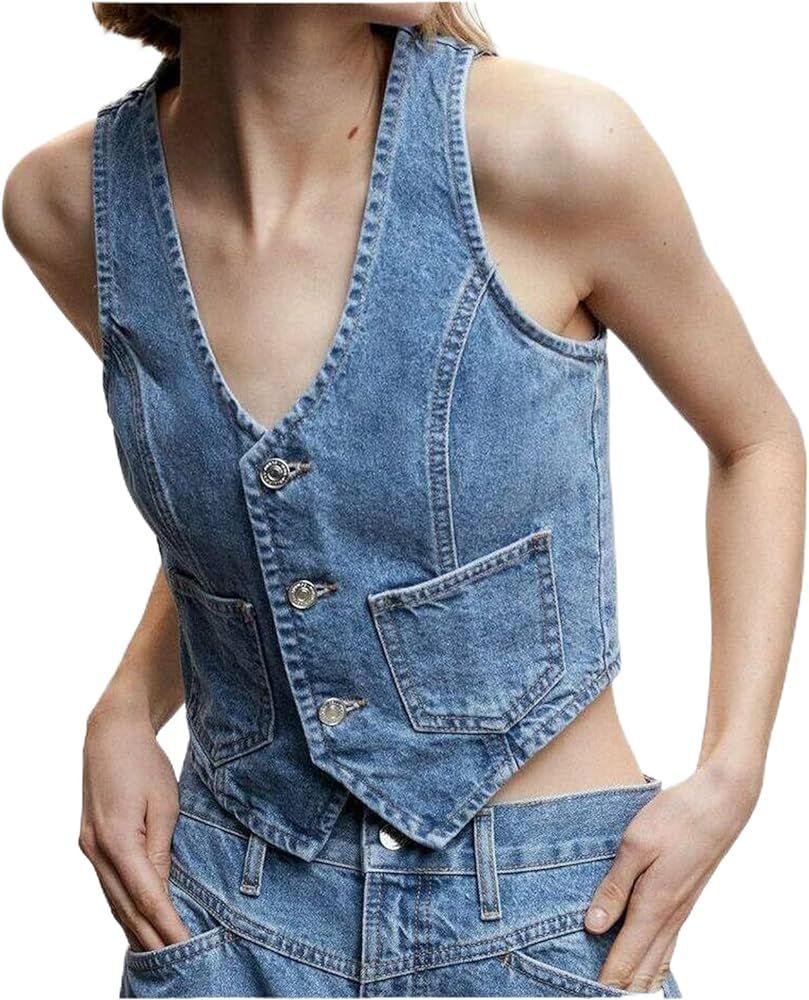 Women Sleeveless Button Down Denim Vest Deep V Neck Jean Tank Tops Y2k Sexy Going Out Solid Slim ... | Amazon (US)