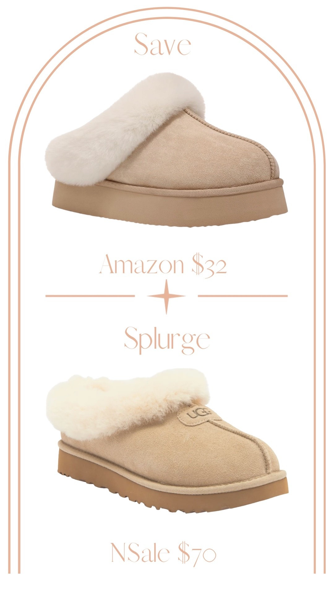 Save vs Splurge Ugg slippers from the NSale are a great deal if you want the name brand, but you can get the same look for less! 
