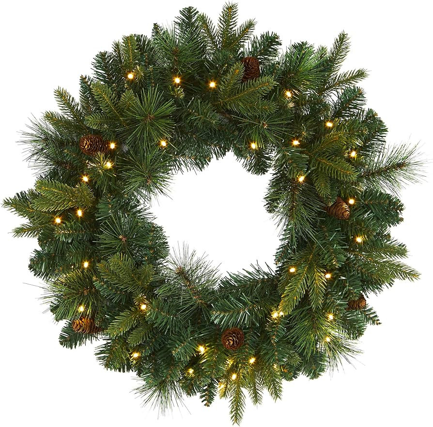 Nearly Natural 24in. Mixed Pine Artificial Christmas Wreath with 35 Clear LED Lights and Pinecone... | Amazon (US)