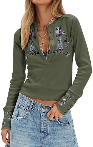 MISSACTIVER Floral Embroidered Crop Tops for Women Long Sleeve Button Down Ribbed Knit Tshirt Sli... | Amazon (US)
