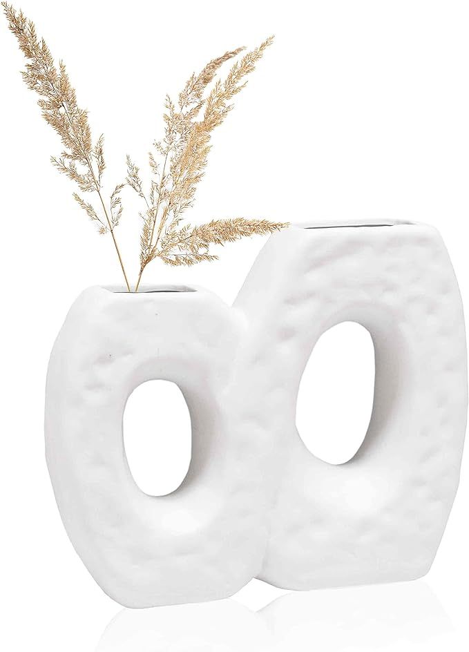 Crutello Textured Ceramic White Loop Vase - Modern Home Decor for Mantles, Bookshelves, Tables, E... | Amazon (US)
