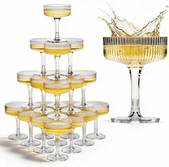 Ksestor Champagne Tower - 21 Piece 7oz Plastic Champagne Coupes Set \u2013 Clear | Amazon (US)