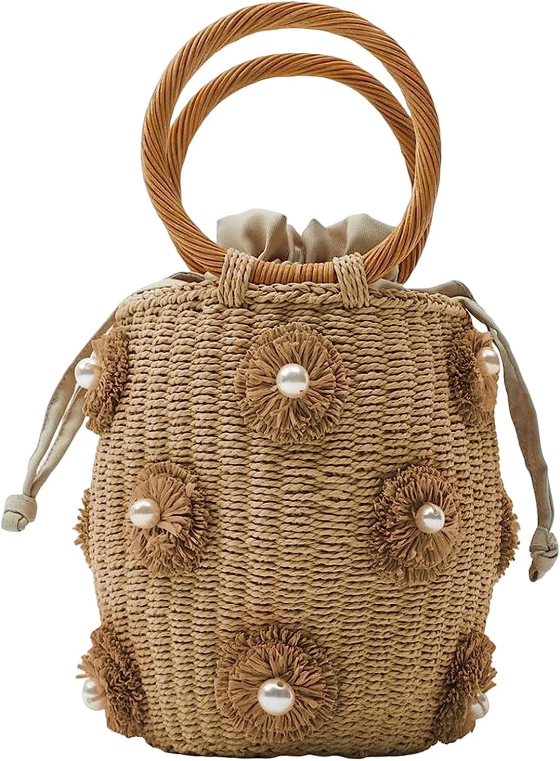 Kukuzhu Summer Straw Bag for Women Pearl Flower Bucket Tote Bag Diamond Handbag Hand Woven Rattan... | Walmart (US)