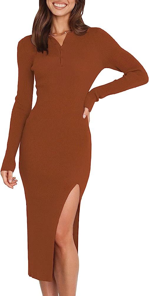 DEEP SELF Women Midi Sweater Dress V Neck Button Down Long Sleeve Midi Dress with Slit Collared Ribb | Amazon (US)