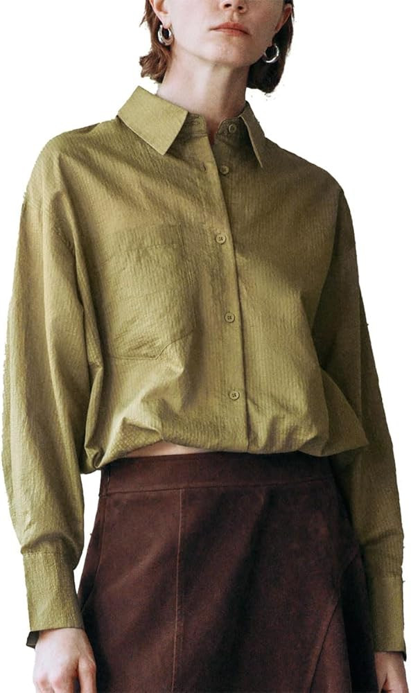 URBAN REVIVO Women's Lyocell Wool Blend Shirt, Long Sleeve Tunic with Belted Waist, Smooth Draped... | Amazon (US)