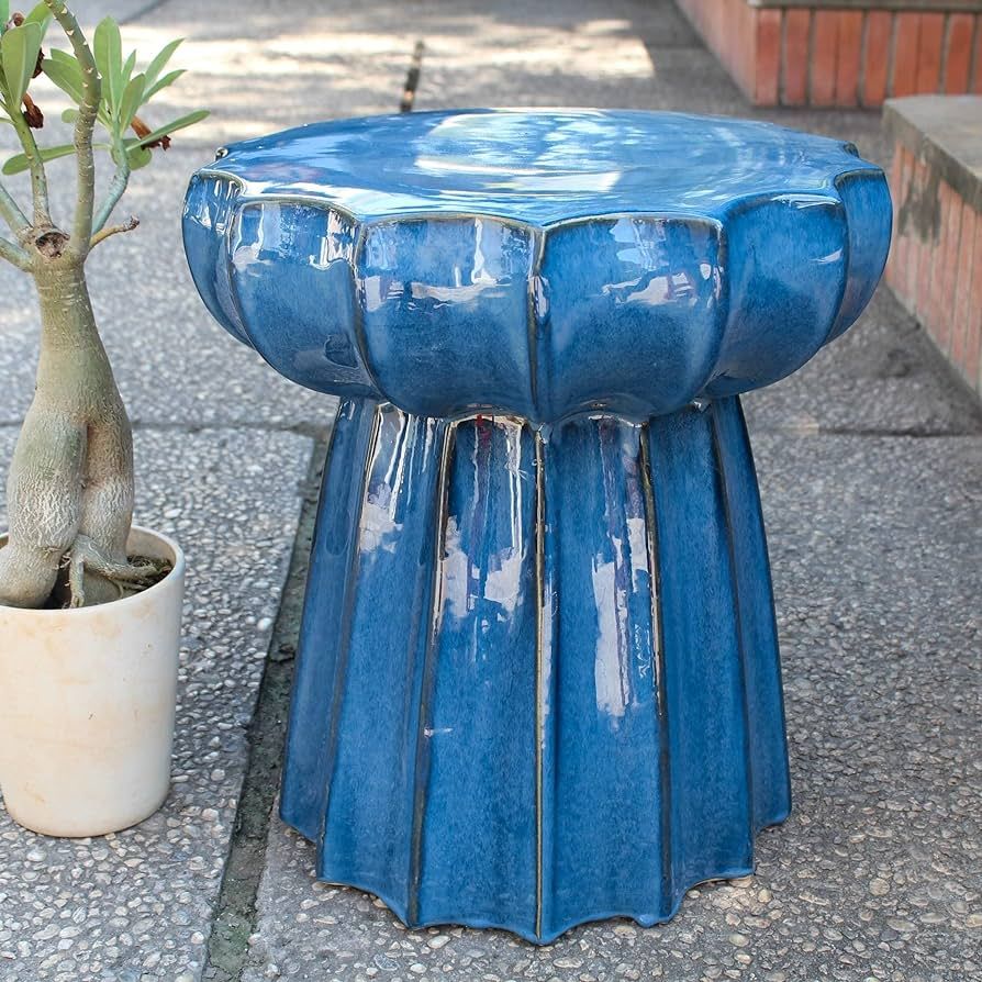 International Caravan Furniture Piece Navy Blue Round Scalloped Ceramic Garden Stool | Amazon (US)