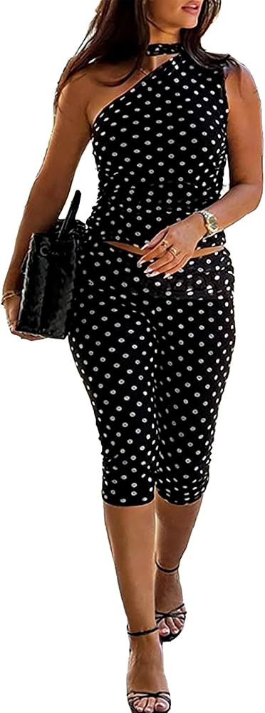 VOIKERDR Capri Sets Women 2 Piece Outfits Polka Dot One Shoulder Top and Pants Sexy Y2K Clothes | Amazon (US)