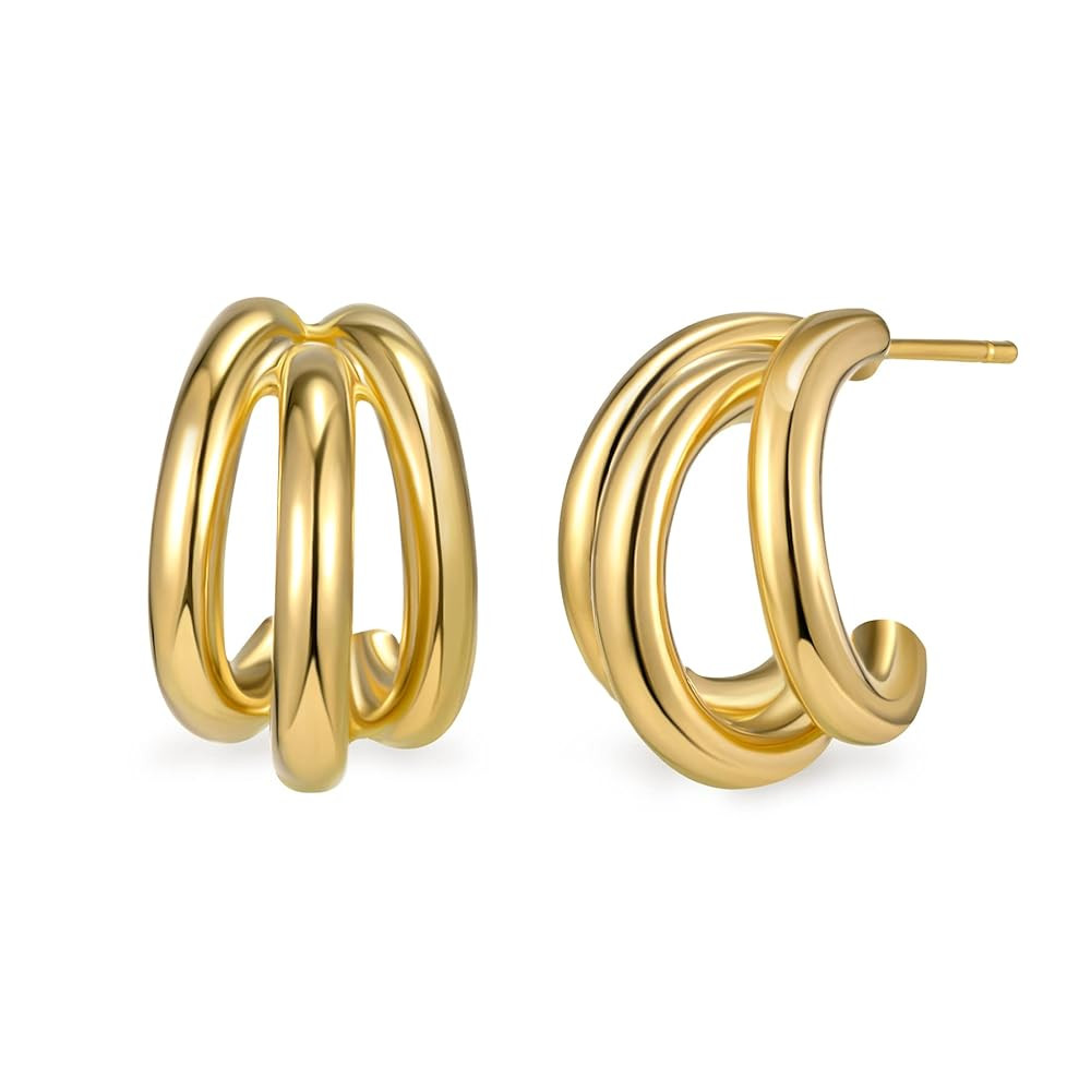 SWEETV Chunky Hoop Earrings for Women, 925 Sterling Silver Post Triple Open Hoops, Diameter 15/20... | Amazon (US)