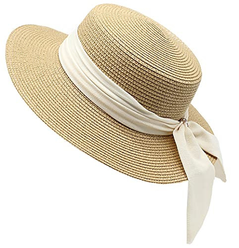 Holiday Straw Beach Hat for Womens Wide Brim Bow Ribbon Boater Hat Flat Top Classic Sun Hats for Summer Small/Medium | Amazon (US)