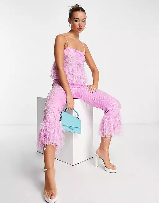 ASOS EDITION floral embellished cami top & pants with feather hem in pink  | ASOS | ASOS (Global)
