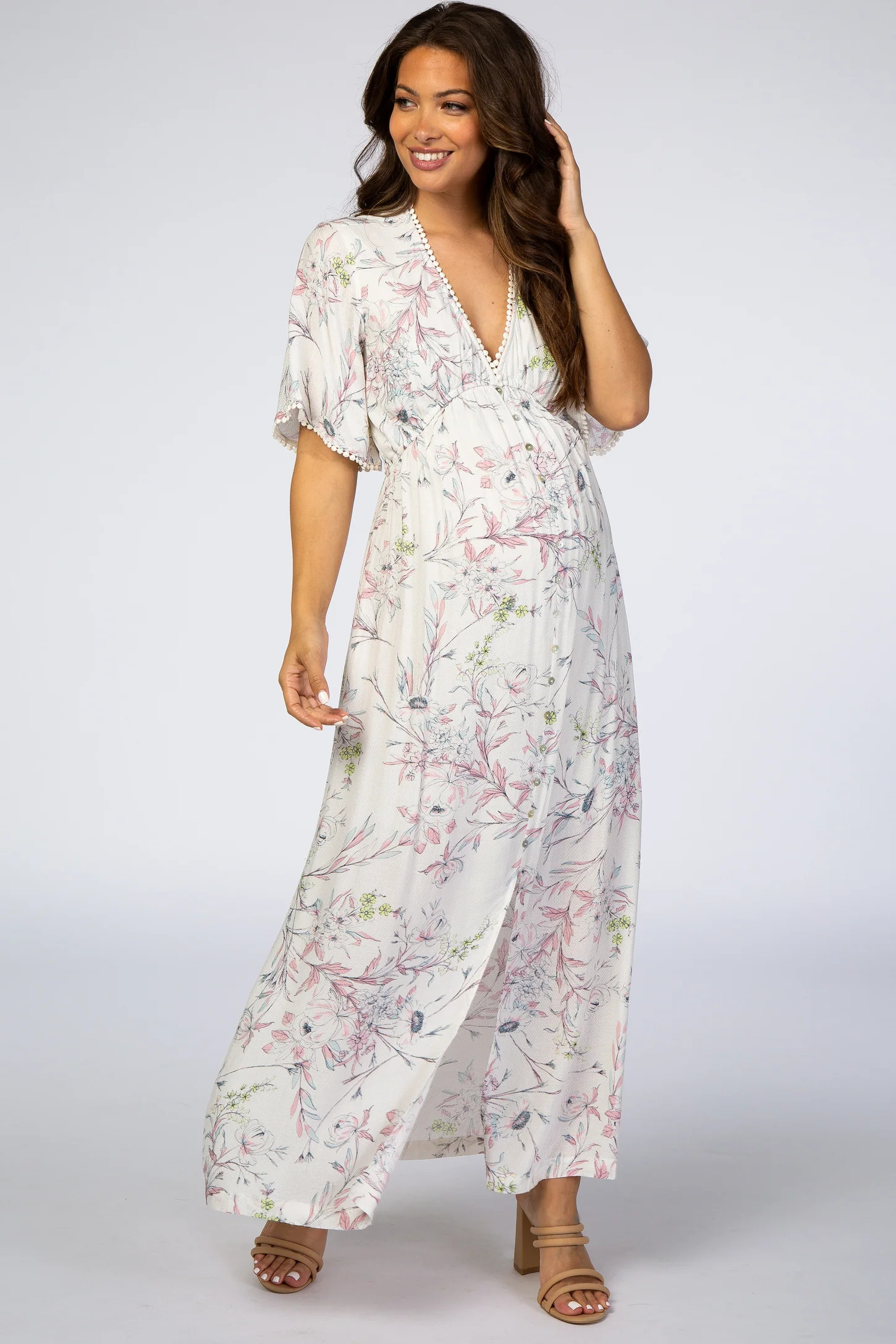 Ivory Floral Button Front Maternity Maxi Dress | PinkBlush Maternity