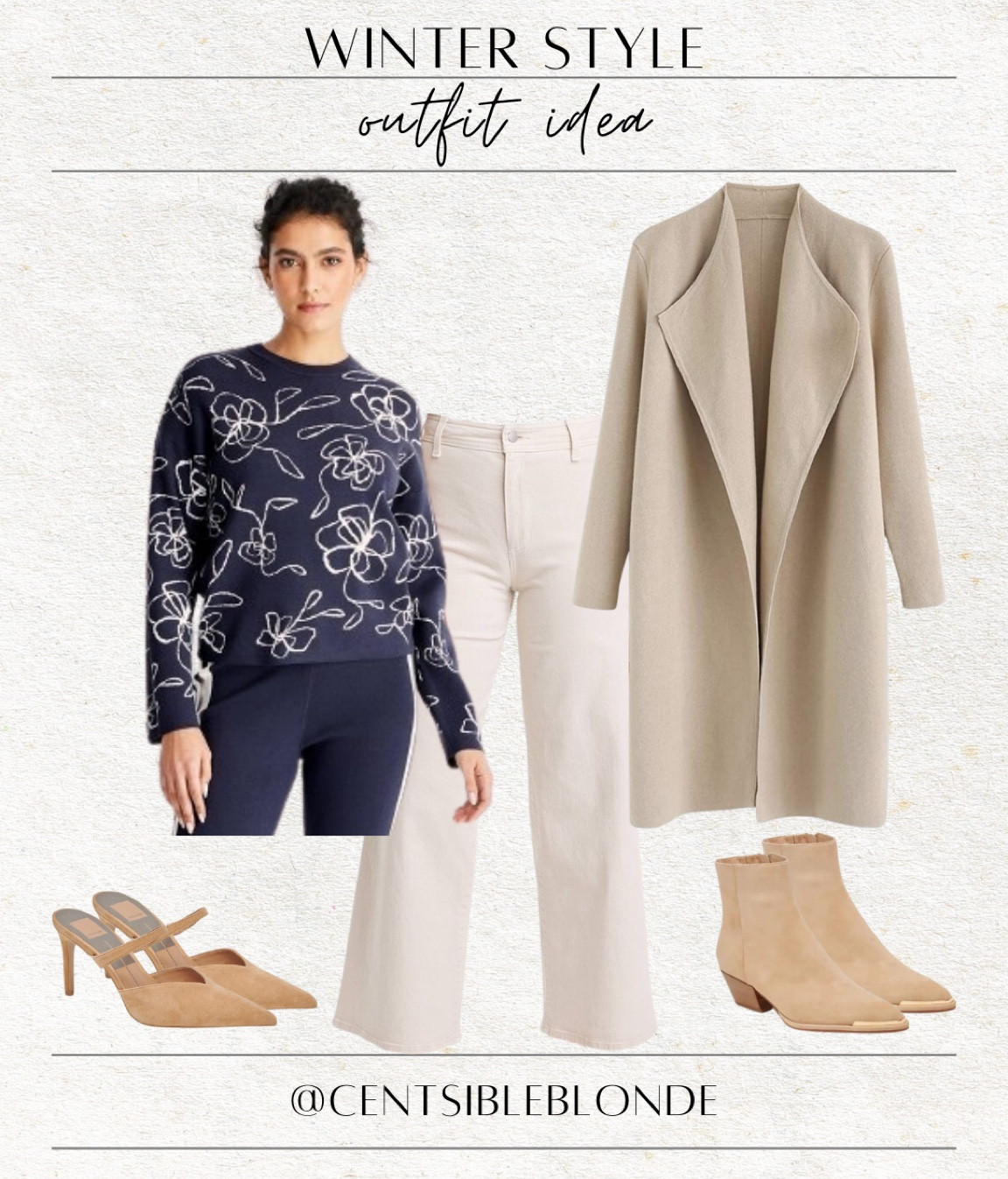 Winter whites, winter neutrals, navy sweater, cream jeans, off white jeans, wide leg jeans, tan suede shoes, pointed toe shoes, mule heels, pointed toe heels, winter outfit, winter style, coatigan, tan shoes, crewneck sweater

#LTKFindsUnder100 #LTKShoeCrush #LTKWorkwear