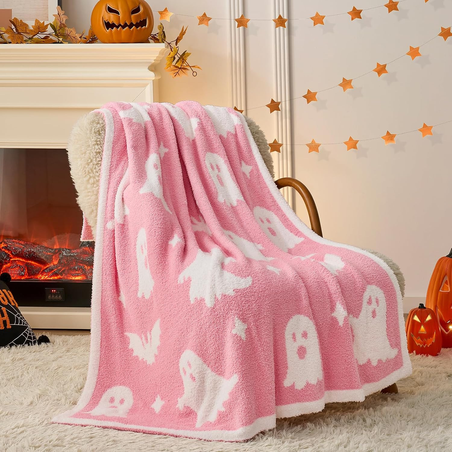 Snuggle Sac Halloween Throw Blanket Pink Ghost Blanket, Pink Bat Halloween Throw Blanket for Couch 50x60 inches, Ultra Soft Decorative Blanket | Amazon (US)