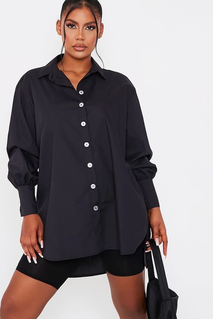 Black Woven Oversized Dip Hem Shirt Dress | ISAWITFIRST