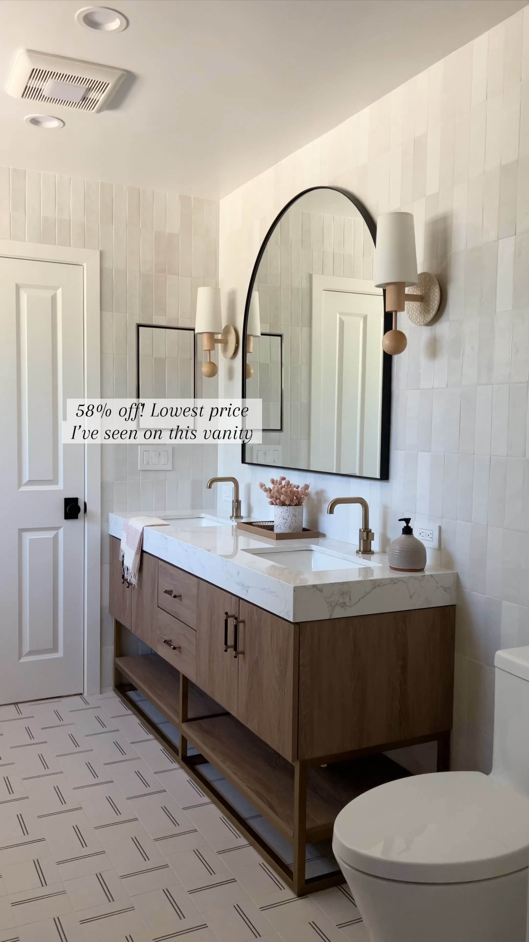 Lowest price I’ve seen on the Vanity! My client saved thousands of dollars using this vanity since it comes with the countertop love the soft clothes drawers and wood tone. Comes in nine sizes. Brass hardware black hardware brass faucet white tile bathroom design Bedrosians Wayfair 

#LTKhome #LTKsalealert

#LTKVideo