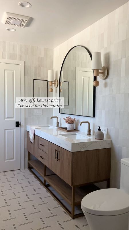 Lowest price I’ve seen on the Vanity! My client saved thousands of dollars using this vanity since it comes with the countertop love the soft clothes drawers and wood tone. Comes in nine sizes. Brass hardware black hardware brass faucet white tile bathroom design Bedrosians Wayfair 

#LTKhome #LTKVideo #LTKsalealert