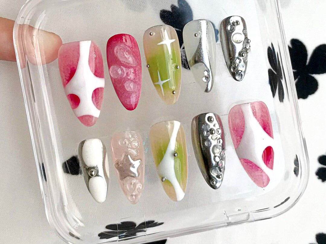 Pearl Accent Press on Nails Bright Y2K Vibes Nail Art Vibrant Y2K Press on Nail Set Stars Charm o... | Etsy (US)
