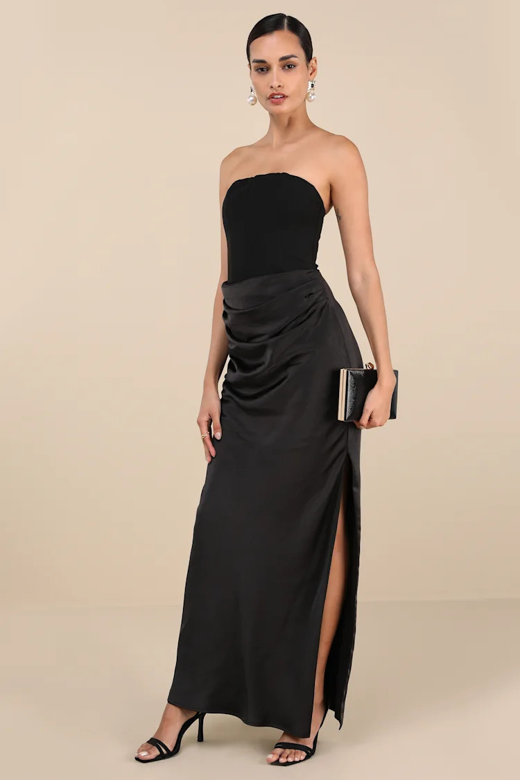 Mella Black Mixed Media Strapless Maxi Dress | Lulus