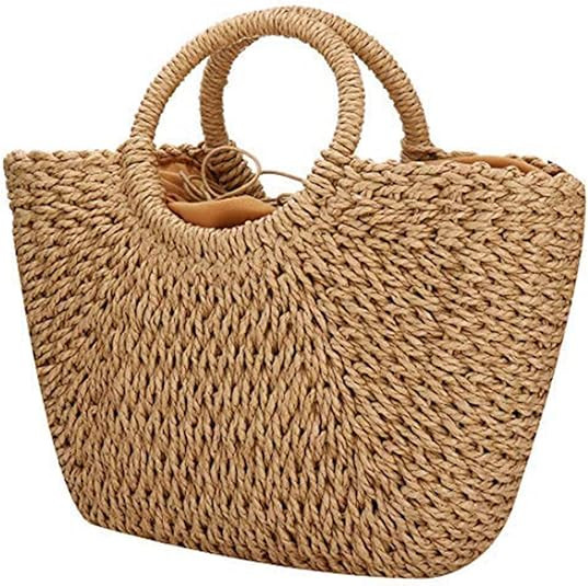 EROUGE Natural Chic Straw Bag Hand Woven Round Handle Handbags Retro Summer Beach Bag Beach Bag | Amazon (US)