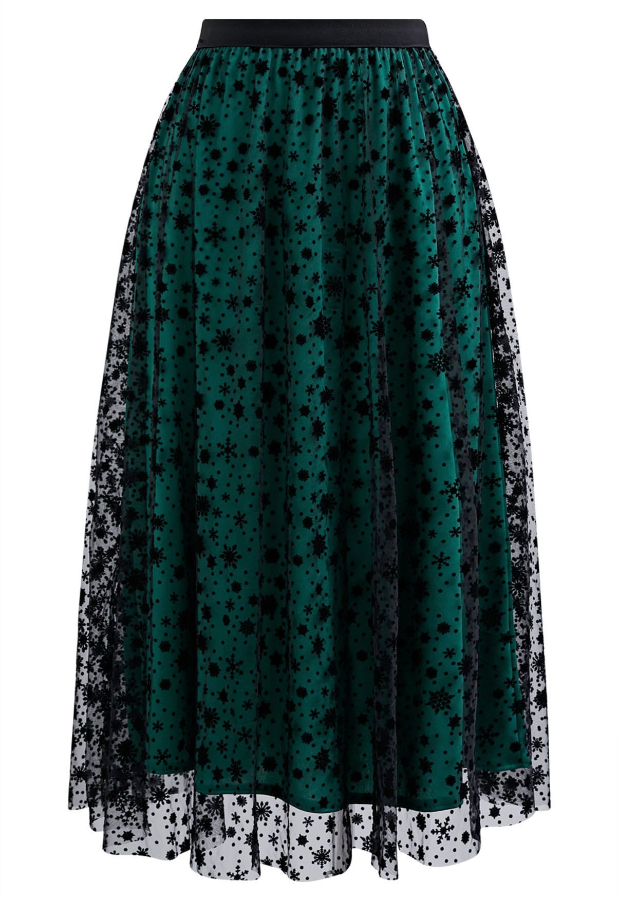 Velvet Snowflake Mesh Tulle Midi Skirt in Dark Green | Chicwish