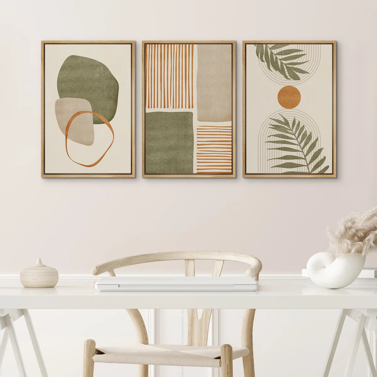 Mid Century Modern Boho Organic Tropical Leaf Abstract  Framed Canvas 3 Pieces Print Wall Art | Wayfair North America