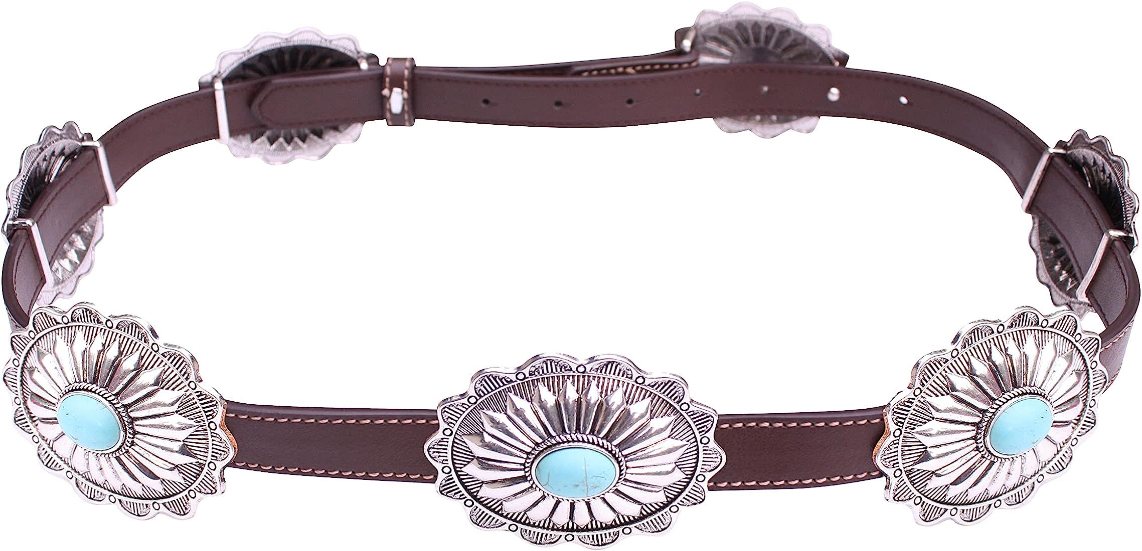 Western Turquoise Metal Concho Brown Leather Belt No.6 | Amazon (US)